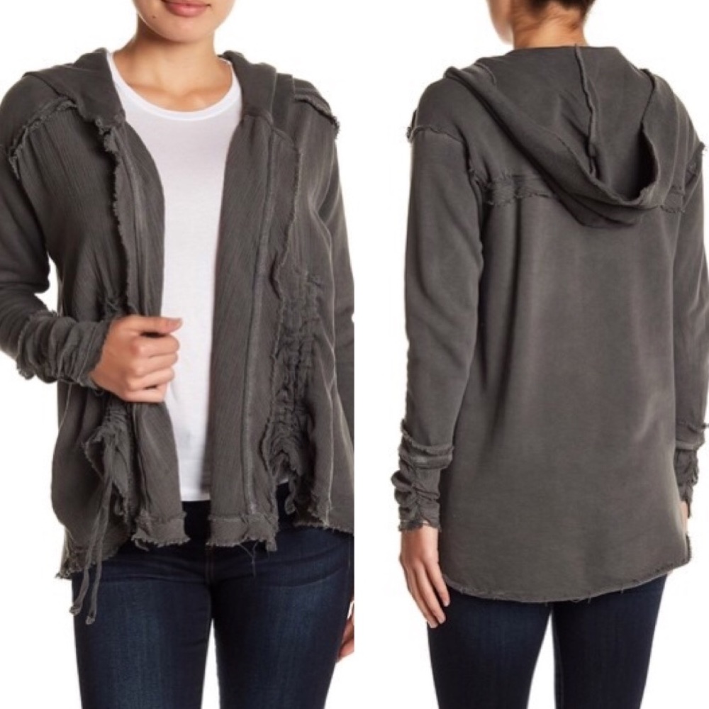 Bobeau Mixed Media Ruched Hooded Cardigan